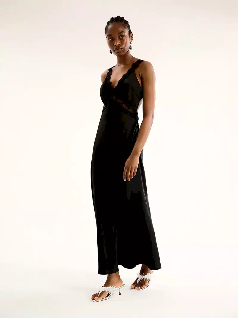 v neck black satin maxi dress with lace detailing and low back