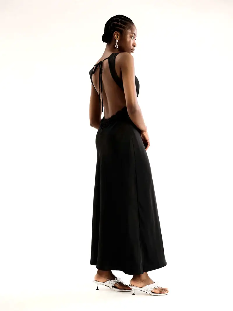 v neck black satin maxi dress with lace detailing and low back