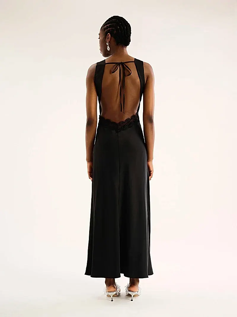 v neck black satin maxi dress with lace detailing and low back
