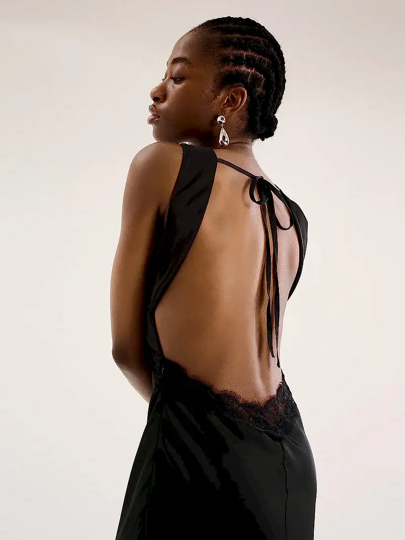 v neck black satin maxi dress with lace detailing and low back