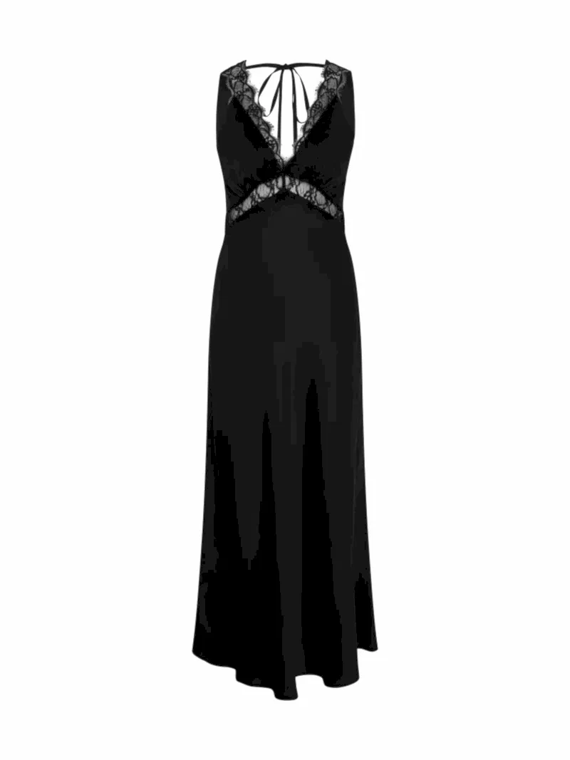 v neck black satin maxi dress with lace detailing and low back