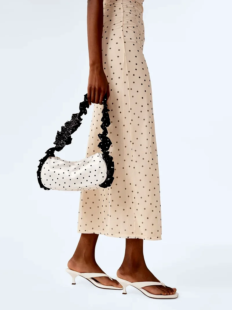 Azorez Frill Shoulder Bag in Black Polka Dot and White Polka Dot