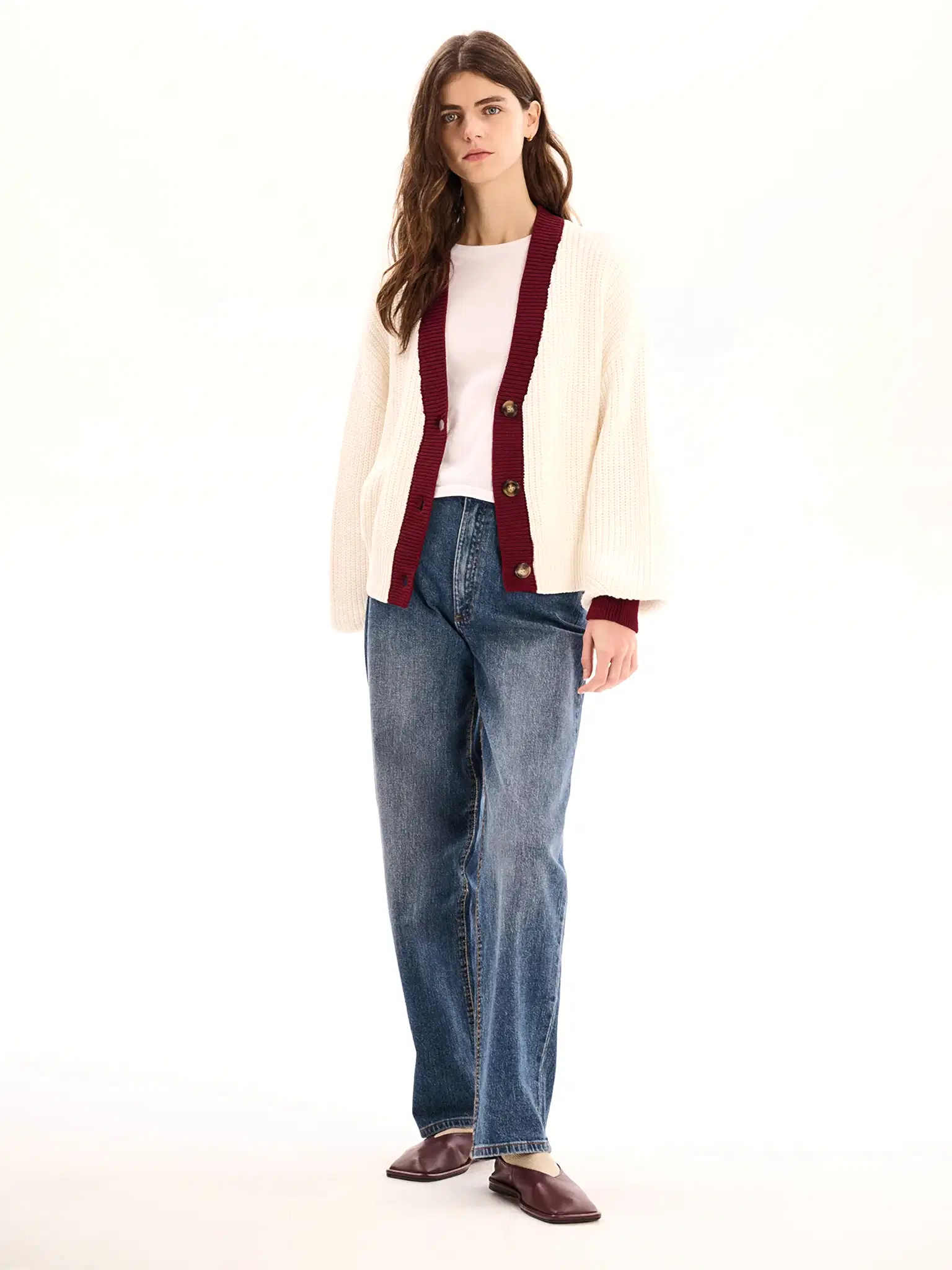 Hopper Cotton Cardigan in Cream/Burgundy