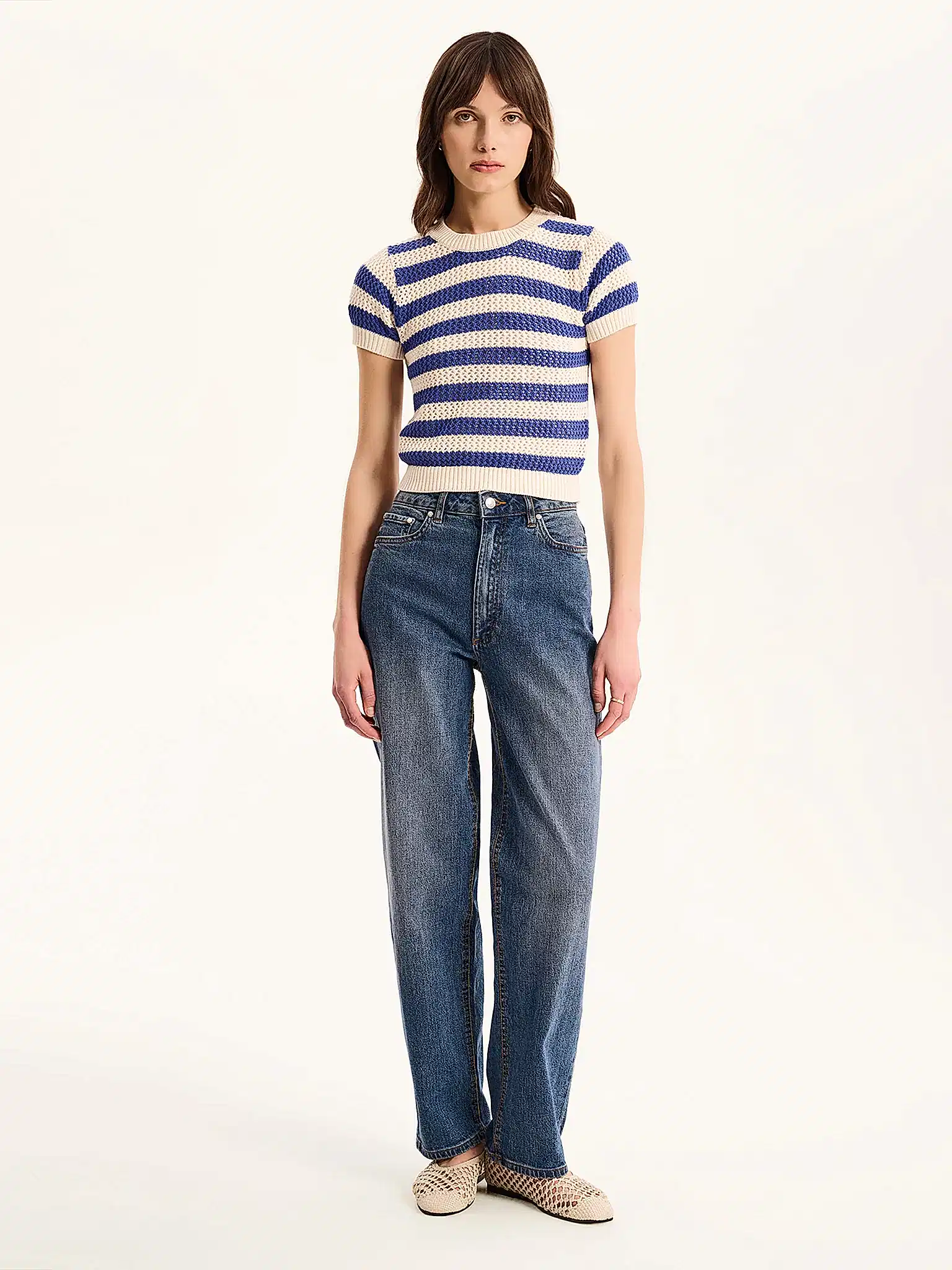 Lexi Stripe Crochet Jumper in Blue and Cream