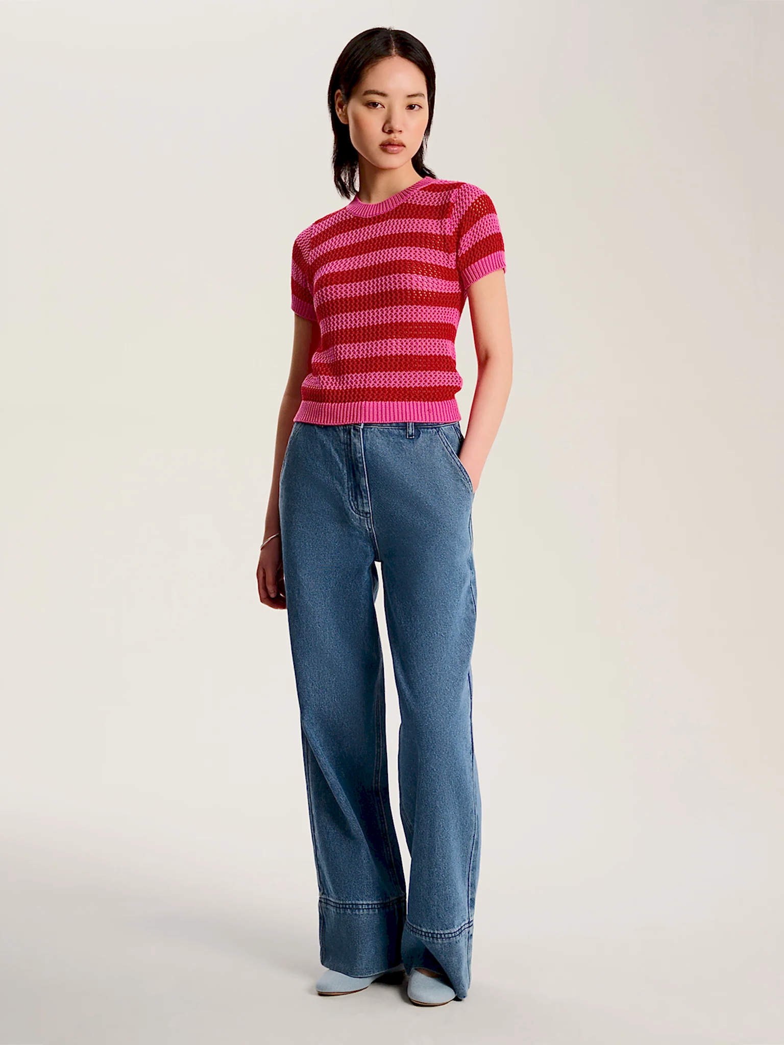 Lexi Stripe Crochet Jumper in Magenta and Red
