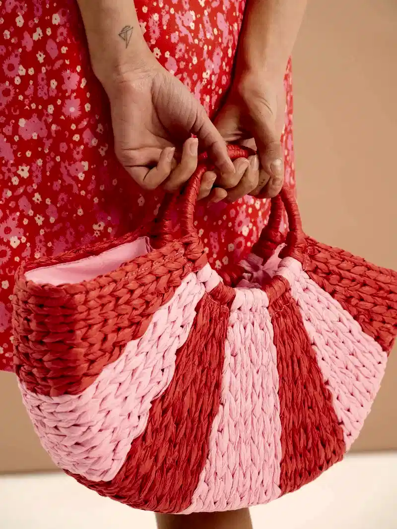 Lottie Stripe Paper Straw Bag in Red
