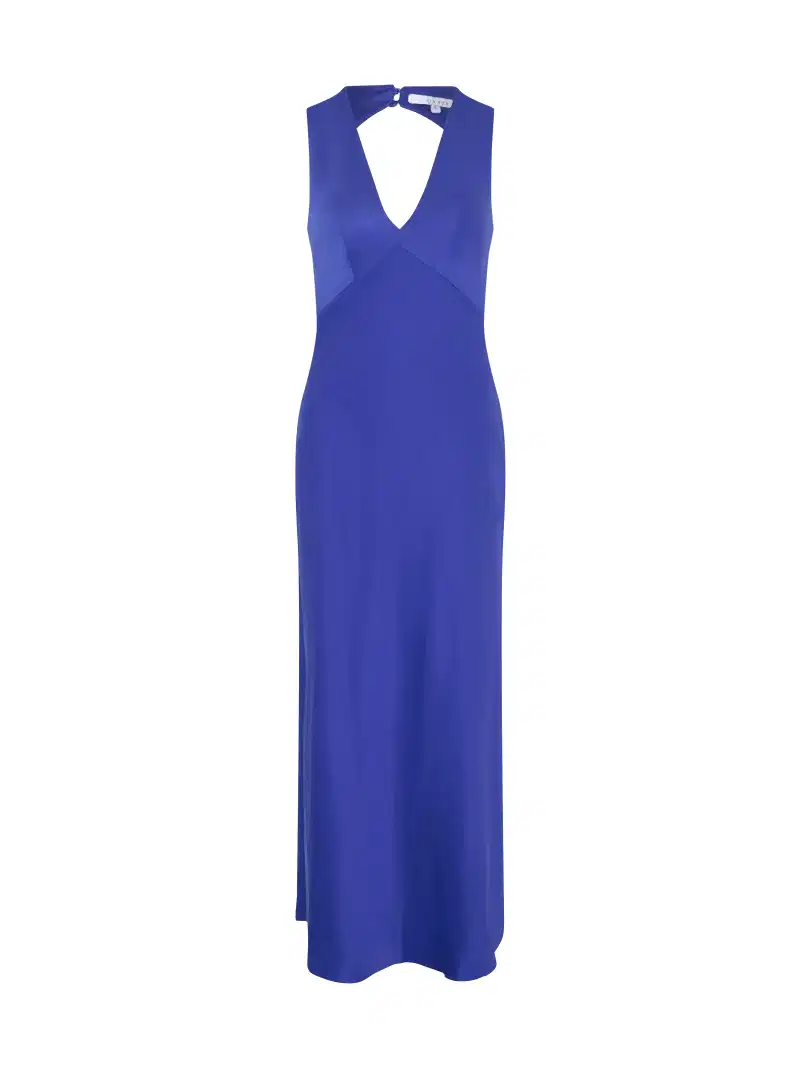 blue v neck maxi dress with tie back