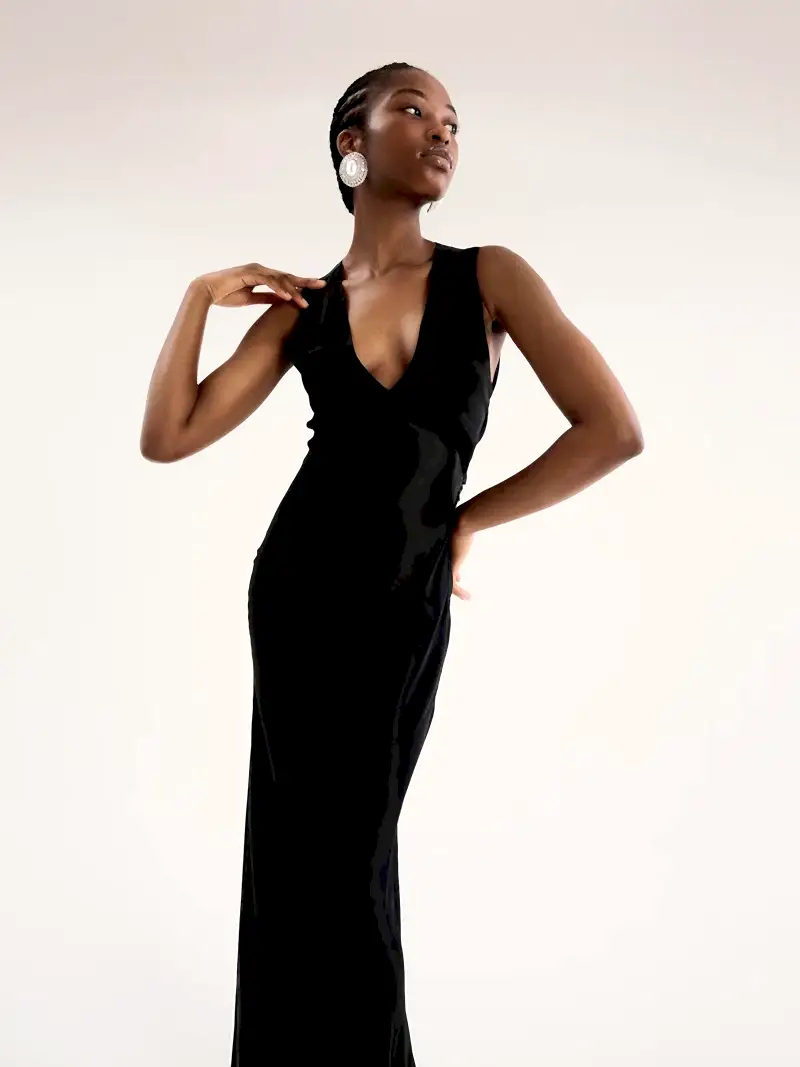black v neck maxi dress with tie back detail