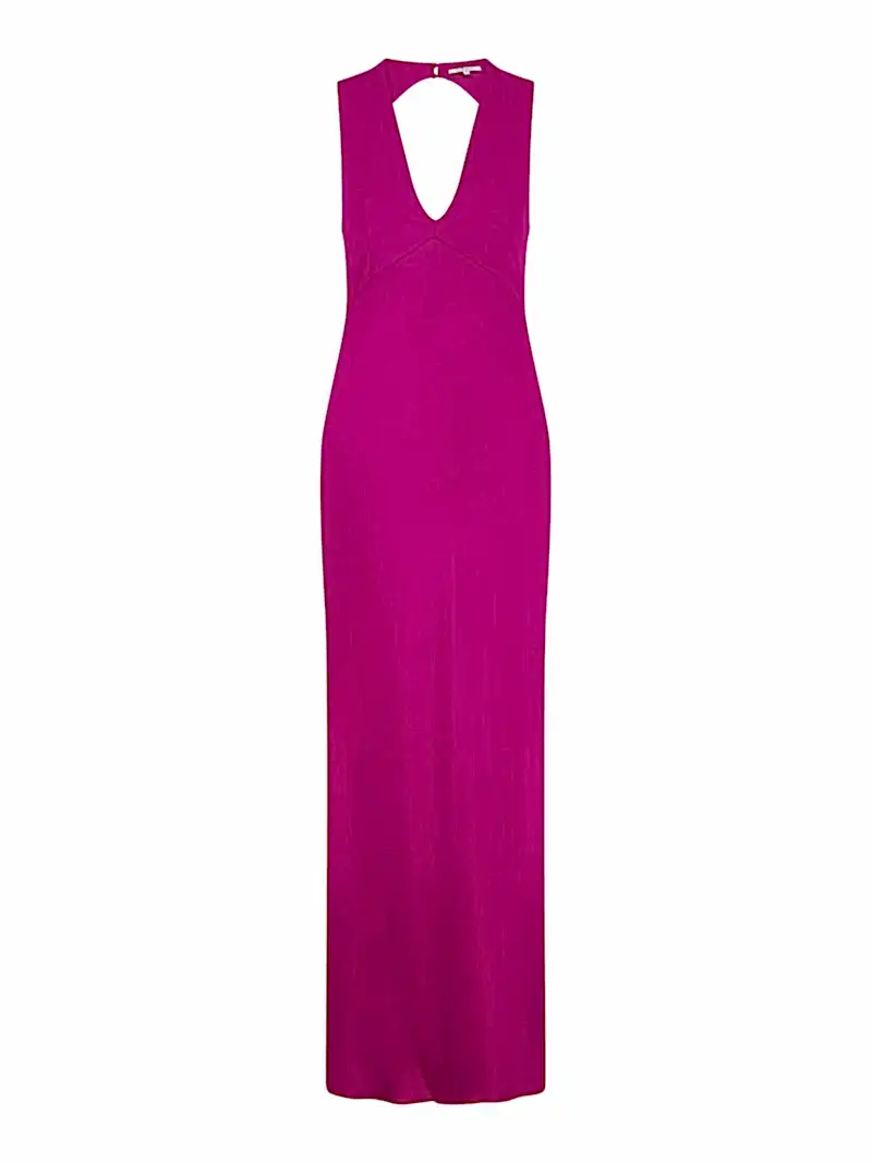 magenta v neck maxi dress with tie back