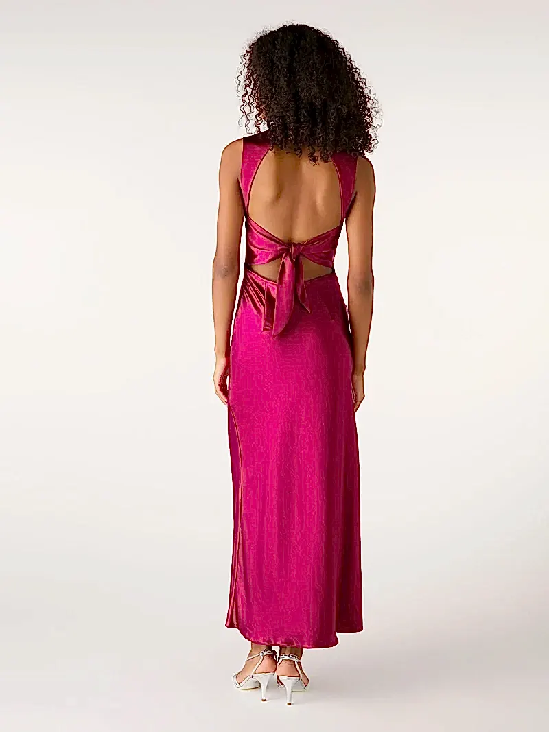 magenta v neck maxi dress with tie back
