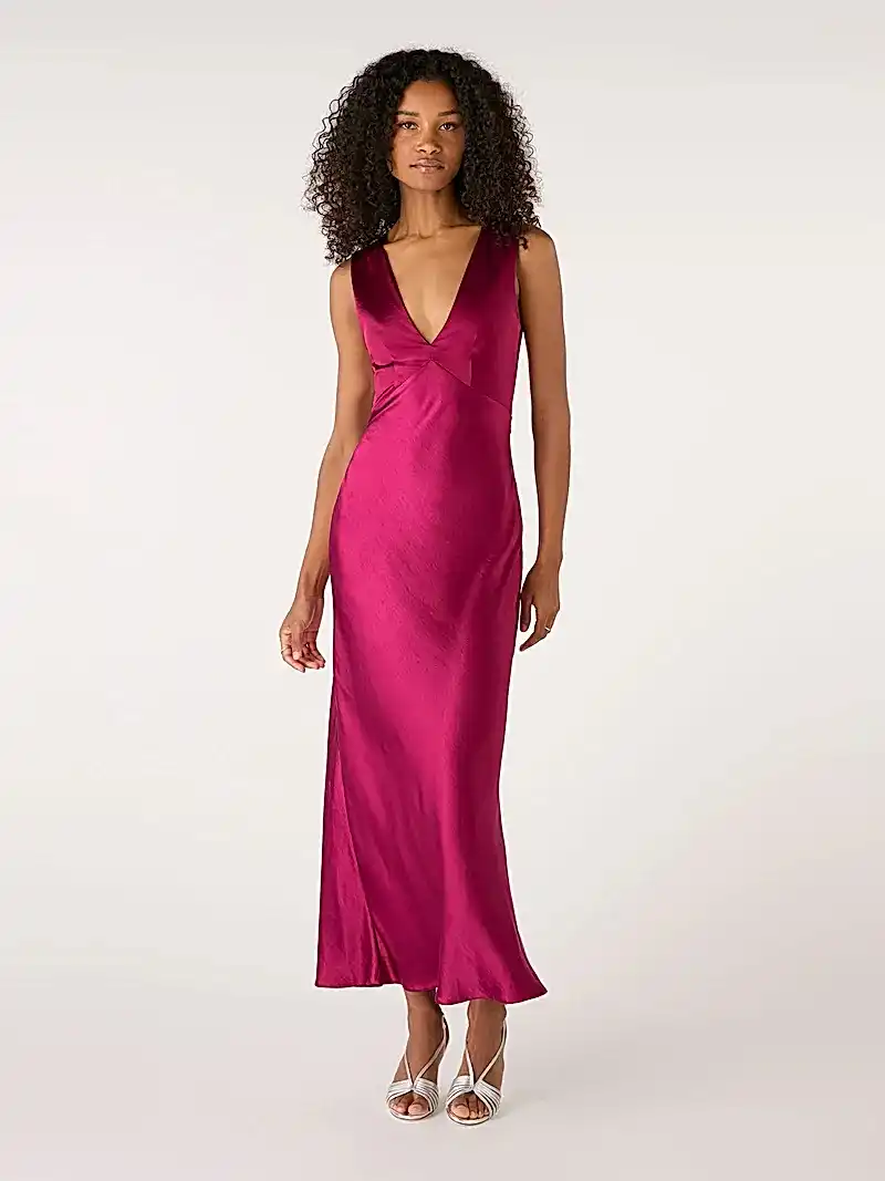 magenta v neck maxi dress with tie back