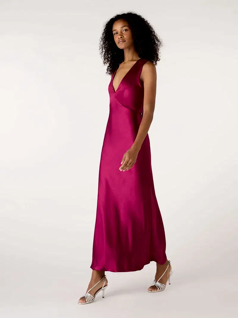 magenta v neck maxi dress with tie back