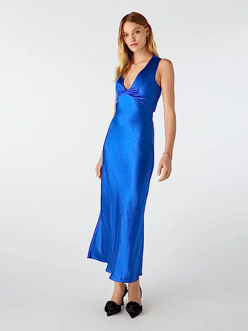 blue v neck maxi dress with tie back