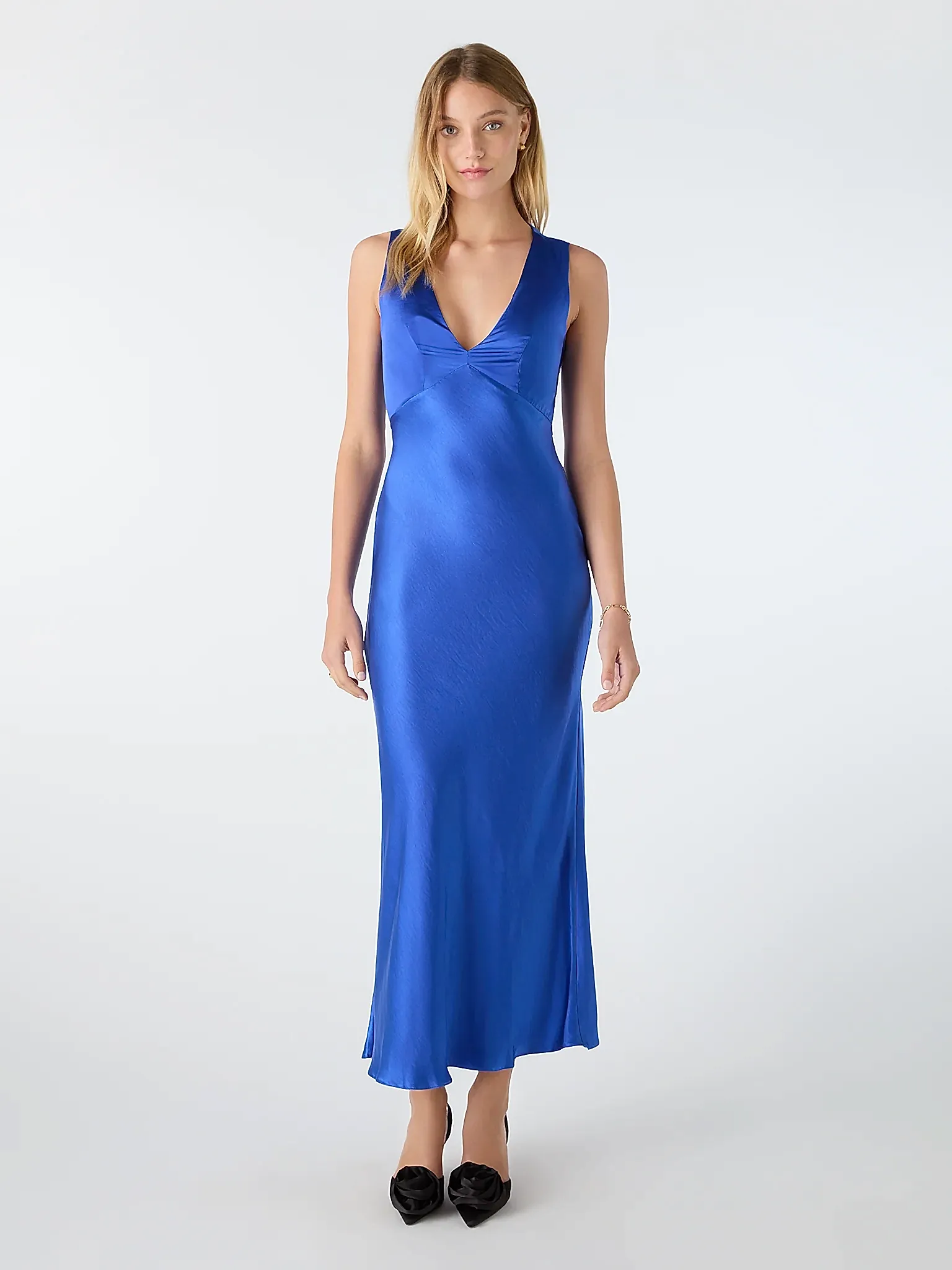 blue v neck maxi dress with tie back