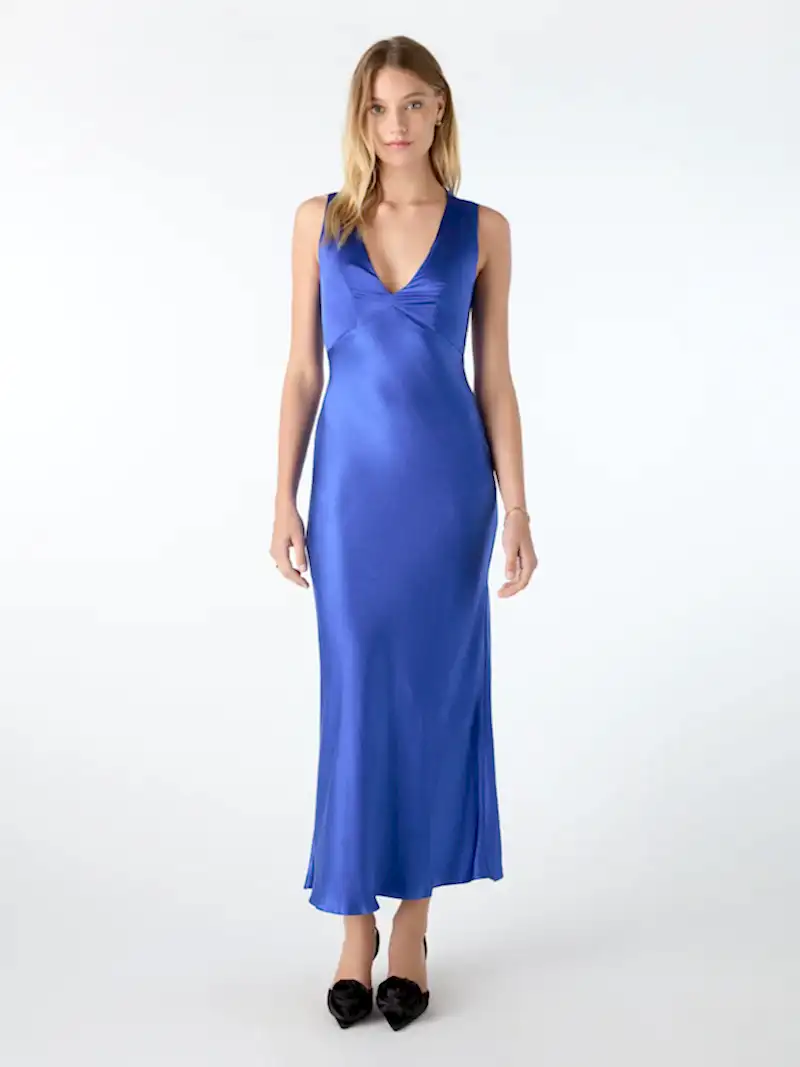 blue v neck maxi dress with tie back