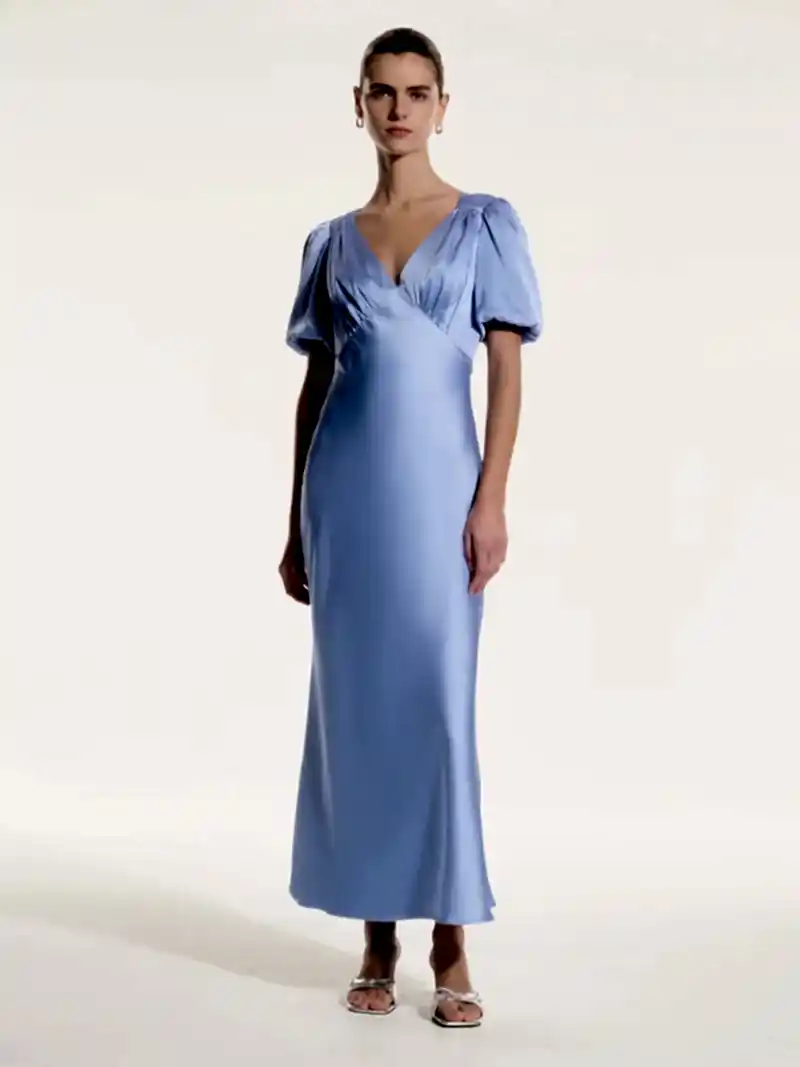 Rosie Ruched Puff Sleeve Dress in Light Blue