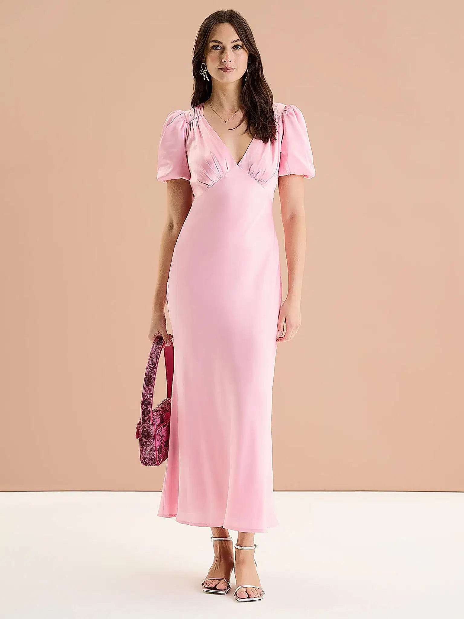 Rosie Ruched Puff Sleeve Dress in Pink