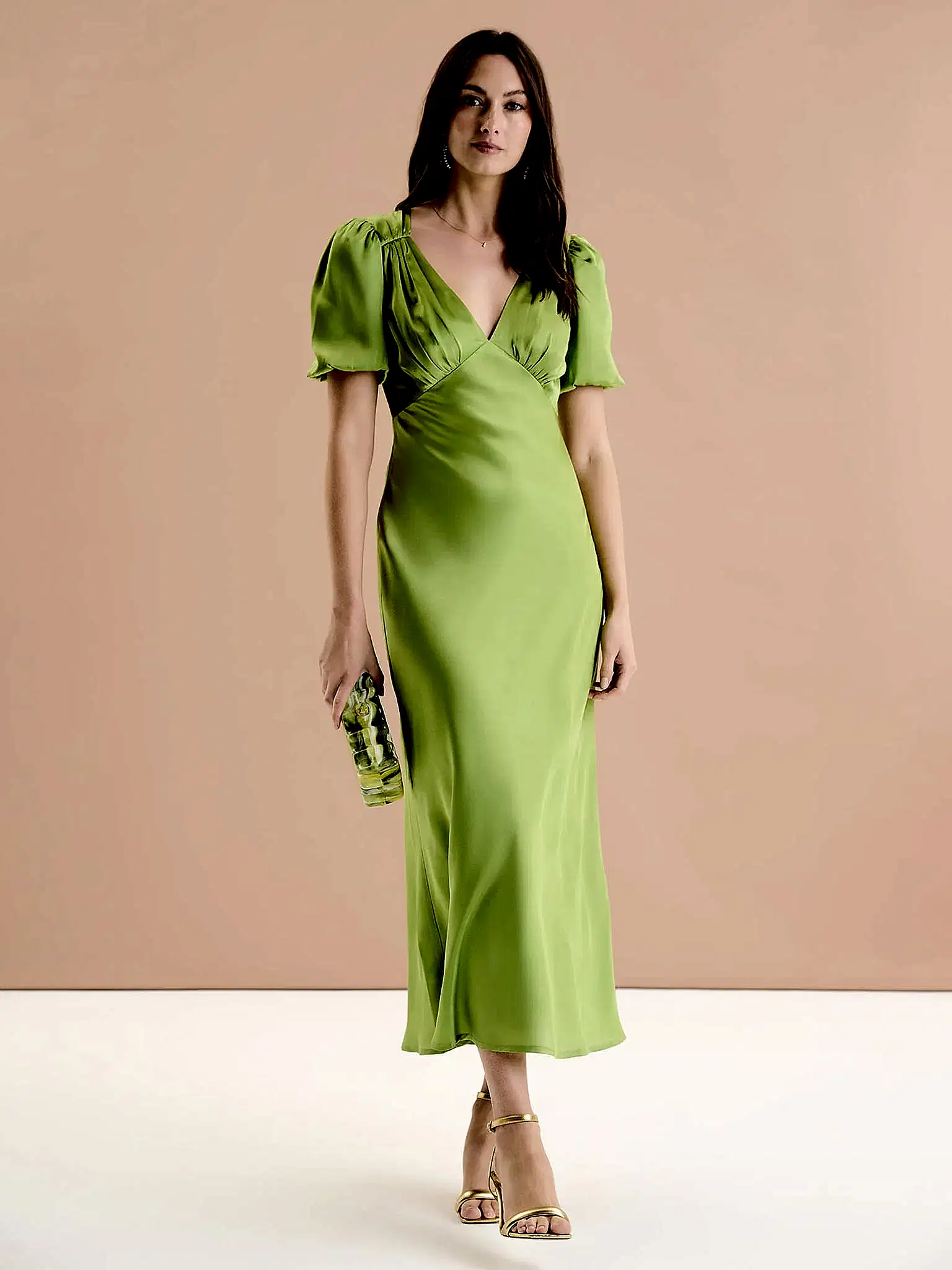 Rosie Ruched Puff Sleeve Dress in Sage
